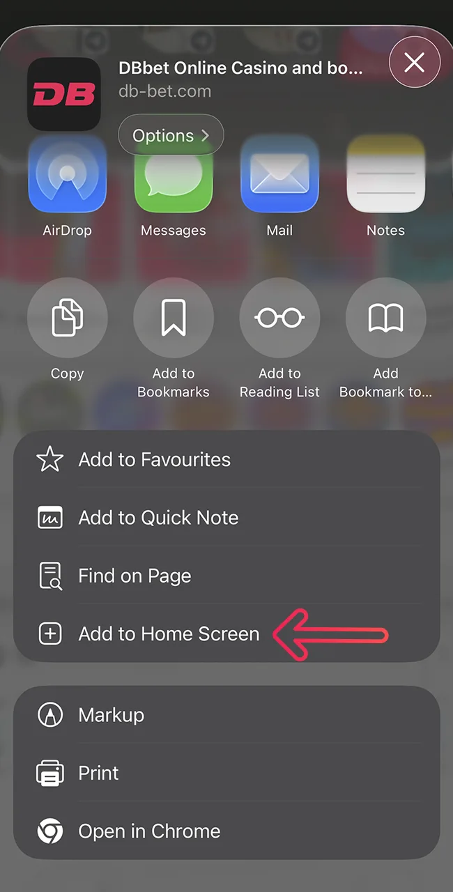 Select Add to Home Screen for Dbbet.