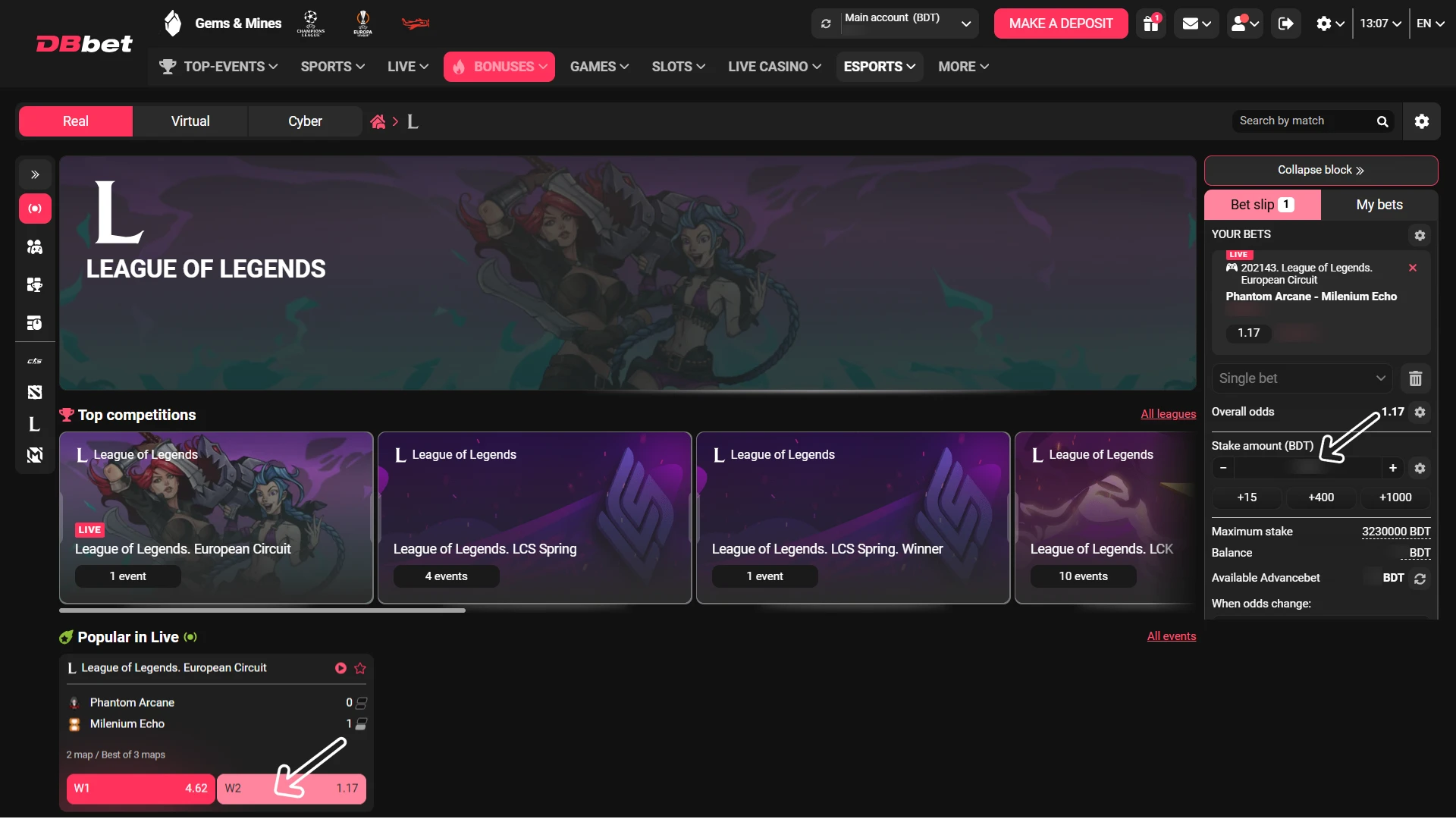Select your favorite match for Dbbet League of Legends Betting.